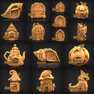 Peut inclure: Une collection de maisons de fées miniatures sculptées avec précision, de formes variées, dont un coquillage, une théière et une citrouille. Les maisons sont de couleur brun clair et présentent des portes, des fenêtres et d'autres détails architecturaux.