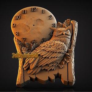 May include: A 3D-printed wall clock featuring an owl perched on a branch with a moon-shaped clock face. The clock face has Roman numerals and the owl is depicted in a realistic style.