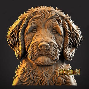 Puede incluir: Escultura 3D detallada de la cabeza de un perro, en color marrón claro con pelaje texturizado. El perro tiene una nariz prominente, ojos expresivos y un aspecto esponjoso. El texto "3dDreamStl" es visible en la parte inferior derecha.