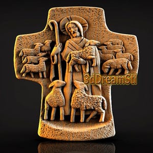 May include: A wooden cross with a carved image of Jesus as the Good Shepherd. He is holding a lamb in his arms and surrounded by other sheep. The cross is a religious symbol of faith and hope.