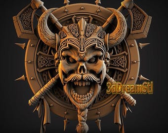 Viking Skull with Axes STL model, CNC router engraver, artcam, Aspire, cnc files, wood, art, wall decor, CNC