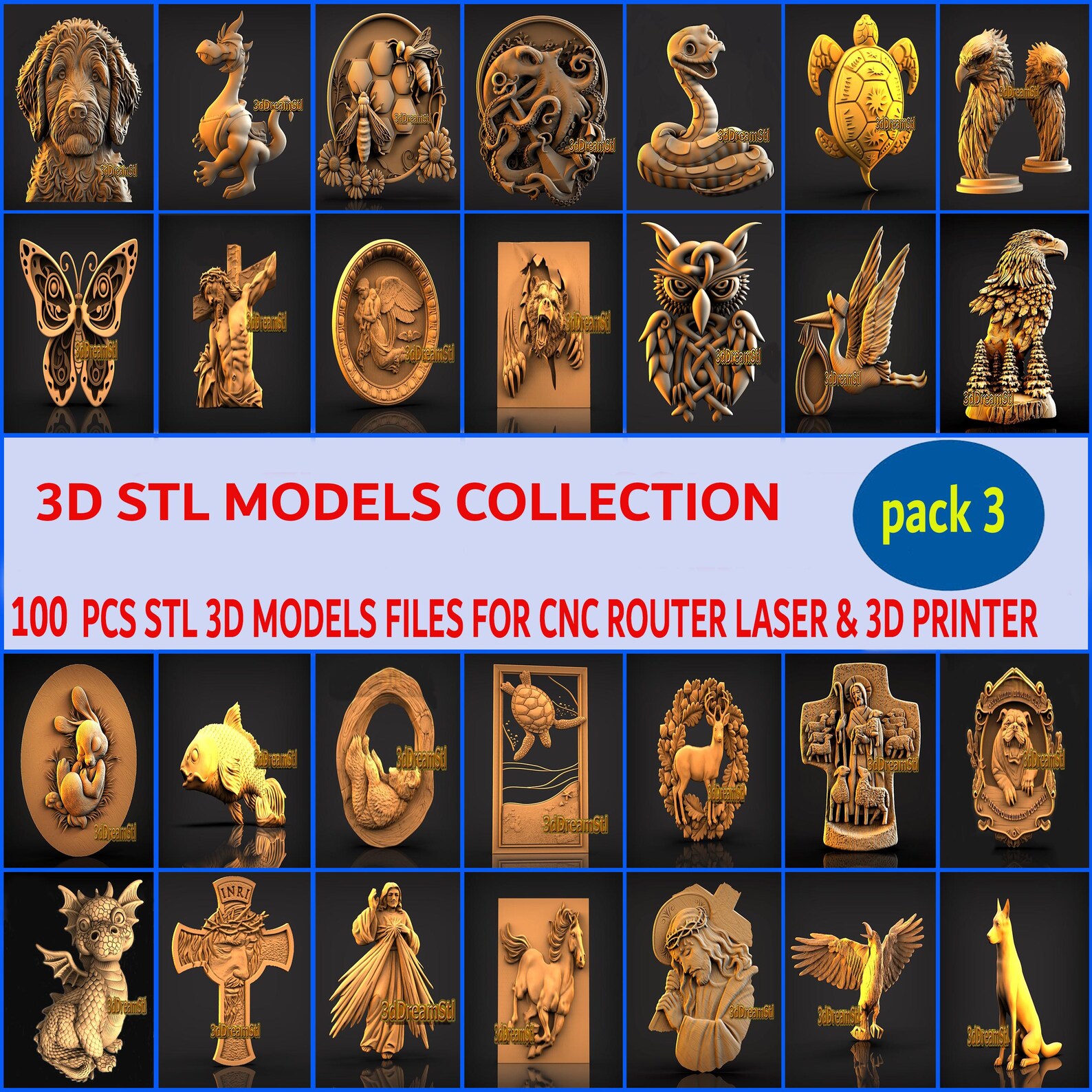 PACK 3 Includes 100 Pcs 3D STL Models Collection,wall Decor,stl File ...