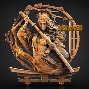 Samurai Girl STL model, CNC router engraver, artcam, Aspire, cnc files, wood, art, wall decor, CNC