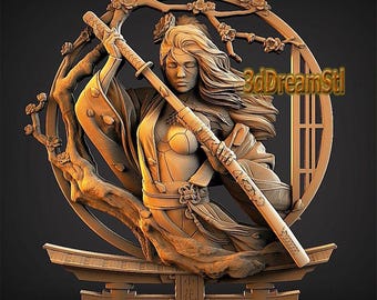 Samurai Girl STL model, CNC router engraver, artcam, Aspire, cnc files, wood, art, wall decor, CNC