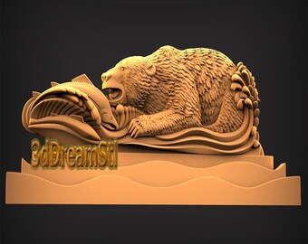 bear hunting fish STL model, CNC router engraver, artcam, aspire, cnc files, wood, art, wall decor, CNC