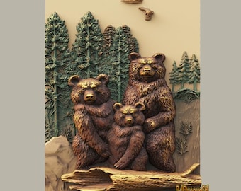 Bear Family STL model, CNC router engraver, artcam, Aspire, cnc files, wood, art, wall decor, CNC