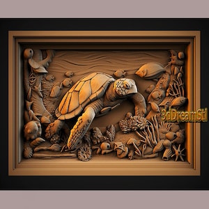 May include: A detailed wood carving of a turtle swimming in a coral reef. The turtle is brown and has a textured shell. The coral reef is made up of various coral formations and fish. The carving is framed in a dark brown frame.