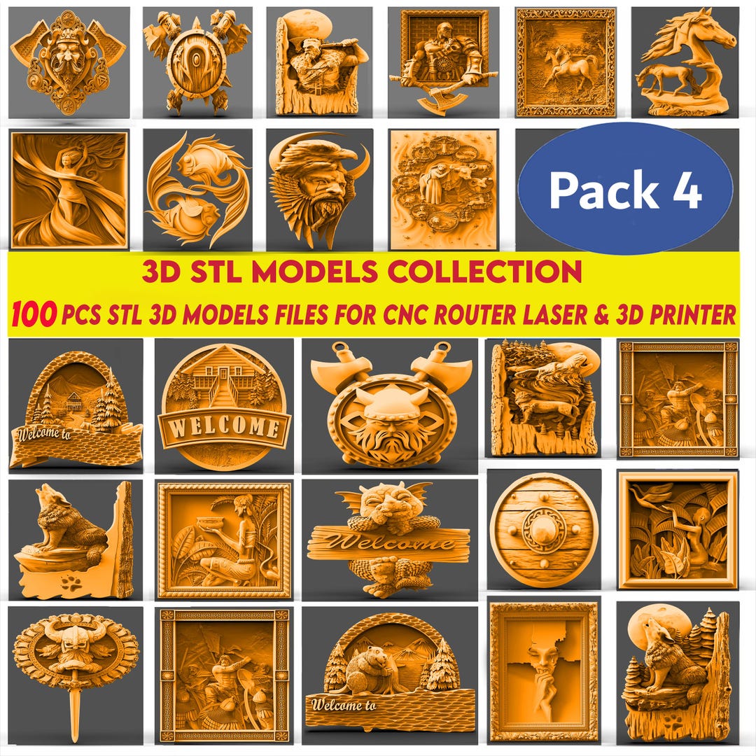 PACK 4 Includes 100 Pcs 3D STL Models Collection,wall Decor,stl