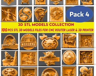 PACK 4 includes 100 Pcs 3D STL Models Collection,Wall decor,Stl File For CNC Router Engraver,Carving Machine,Relief,Artcam,Aspire,VCarve