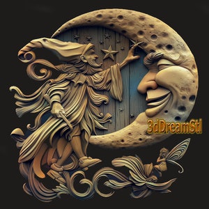 May include: A wooden sculpture of a whimsical figure reaching towards a crescent moon with a face. The figure is dressed in a flowing robe and has a pointed hat. The moon is decorated with stars and has a smiling face. The sculpture is set against a dark background.