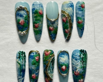 custom press on nails, blue and gold Claude Monet water lilies inspired with gold frames