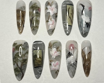 custom press on nails, neutral colours beige grey and green traditional chinese painting nails with lotus flowers and cranes.