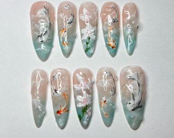 custom press on nails, blue and pink pretty koi fish and lotus flower nails with bubbles