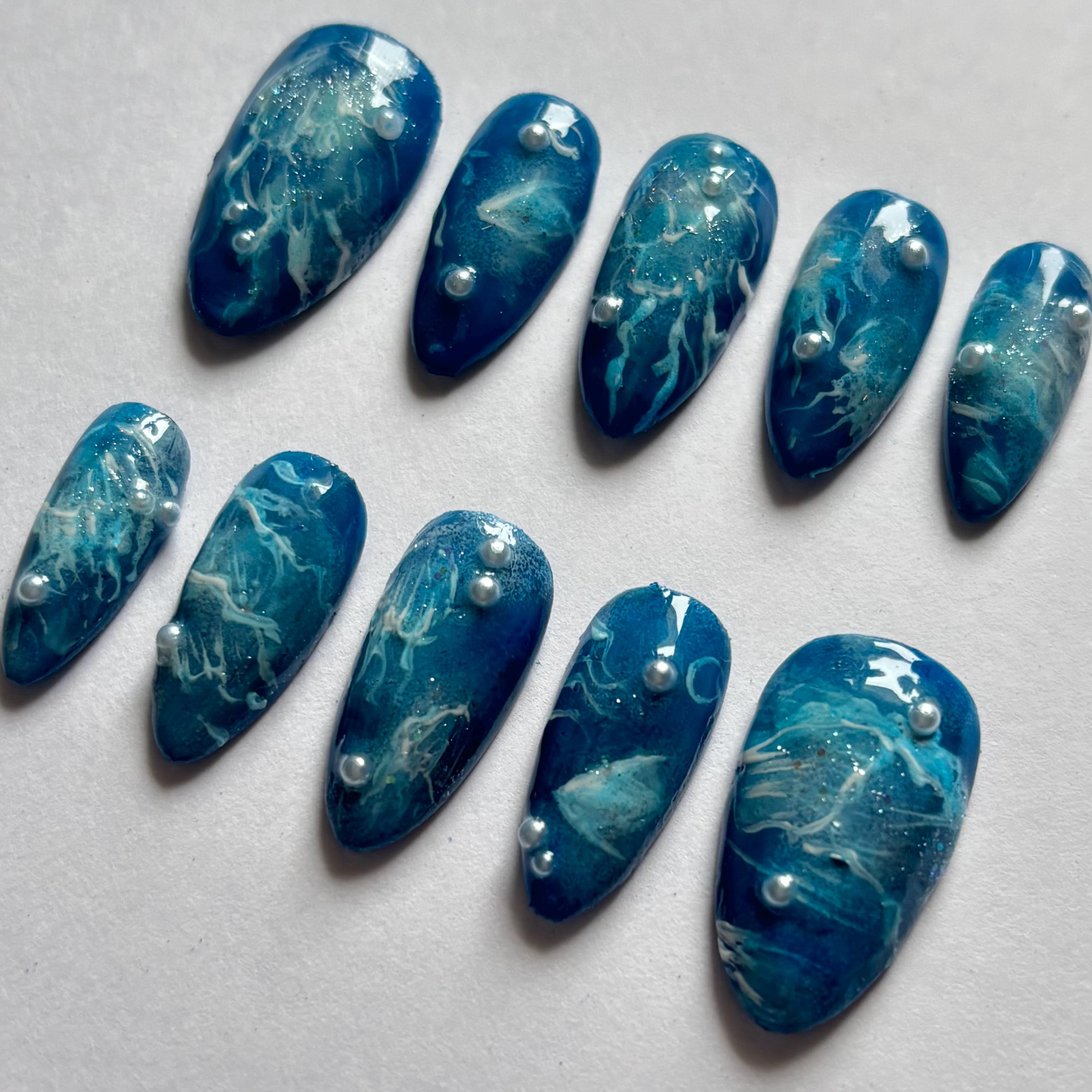 custom press on nails, blue under the sea illuminated jellyfish nail set with pearls