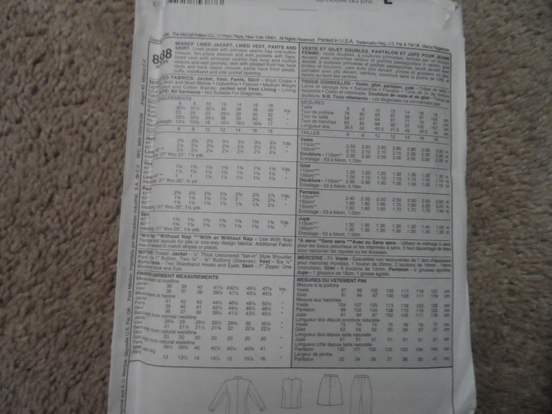 McCalls 8538 Misses Wardrobe Pattern Jacket Pants Size 18 Uncut Vest Skirt
