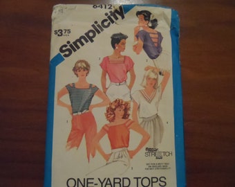 Simplicity 6412 Vintage 80's One Yard Tops Sewing PatternSize 10  Bust 32 1/2 UNCUT Complete For Stretch Knits