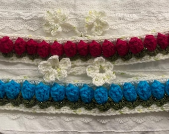 Handmade häkeln Blumen Haarband | Boho Blumen Haarschmuck | Rose & Blaue Blüte Design