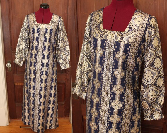 1970s silver metallic brocade maxi dress / Bob Cun