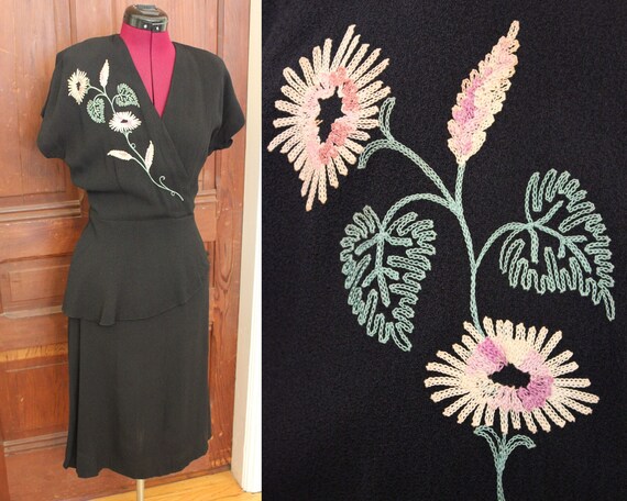 1940s embroidered black cocktail dress Large