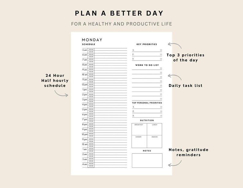 24 Hour Daily Planner Printable, Daily to Do List for Work / Personal ...