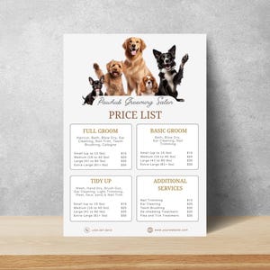 Modelo de lista de preços de tosa de cães para salão de beleza para animais de estimação totalmente editável e personalizável no Canva para negócios de tosa | Lista de preços de serviços de tosa