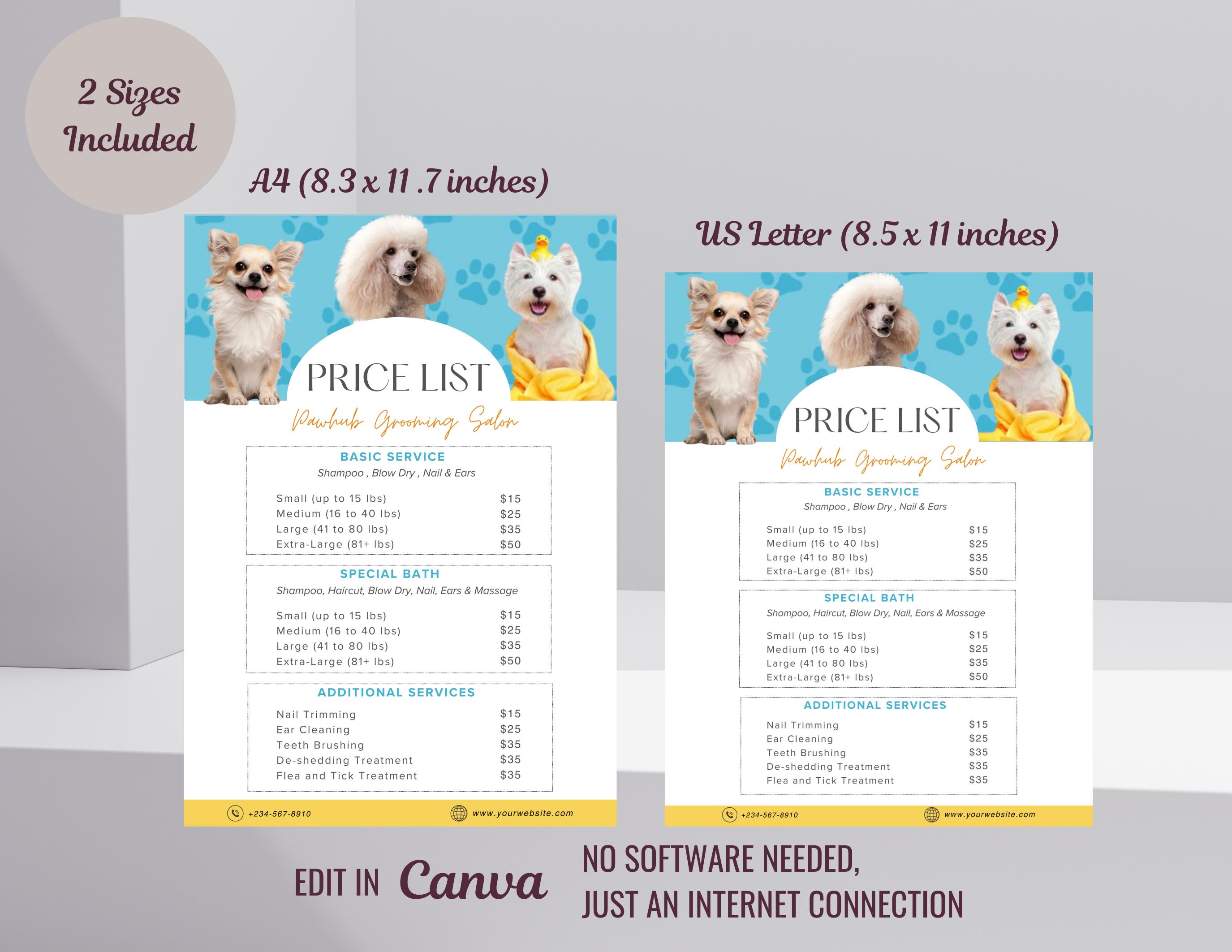 Pet Salon Grooming Price List Canva Template, Pet Groomer Editable ...