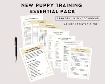Pacchetto di addestramento essenziale per cuccioli stampabile, addestramento del cane, elenco di controllo per cuccioli, localizzatore per cuccioli, guida all'addestramento dei cuccioli, esigenze dei cuccioli, nuovo genitore di pelliccia