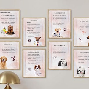 Puede incluir: Un conjunto de ocho carteles enmarcados con fondos rosas y texto blanco. Cada cartel presenta una raza de perro diferente y proporciona información sobre las políticas de aseo para perros, las citas, el comportamiento, los precios, los requisitos de salud, el cuidado posterior al aseo, las políticas de pulgas y garrapatas, y los riesgos de aseo.