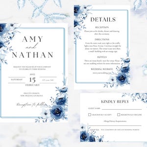 Cobalt Blue Rose Wedding Invitation Template Set Editable in Canva Details and RSVP Simple Elegant Wedding Invitation Set Printable Canva