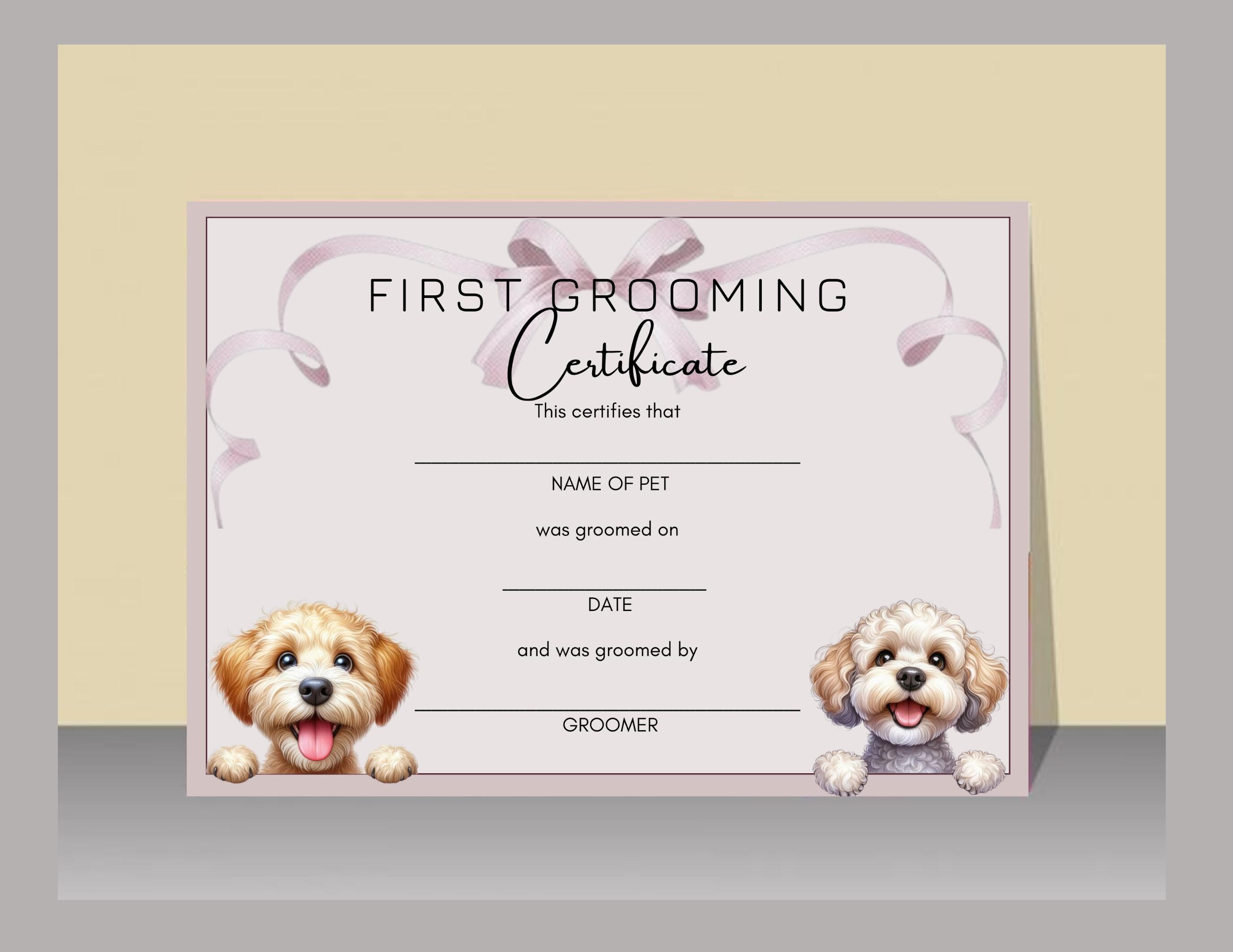 Puppy Dog First Haircut Certificate Template Editable in Canva for Grooming Business