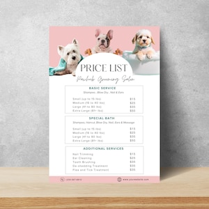Modelo Canva de lista de preços de cuidados com animais de estimação, lista de preços editável para tratadores de animais de estimação, lista de preços de serviços de cuidados com animais de estimação, serviços e preços para animais de estimação