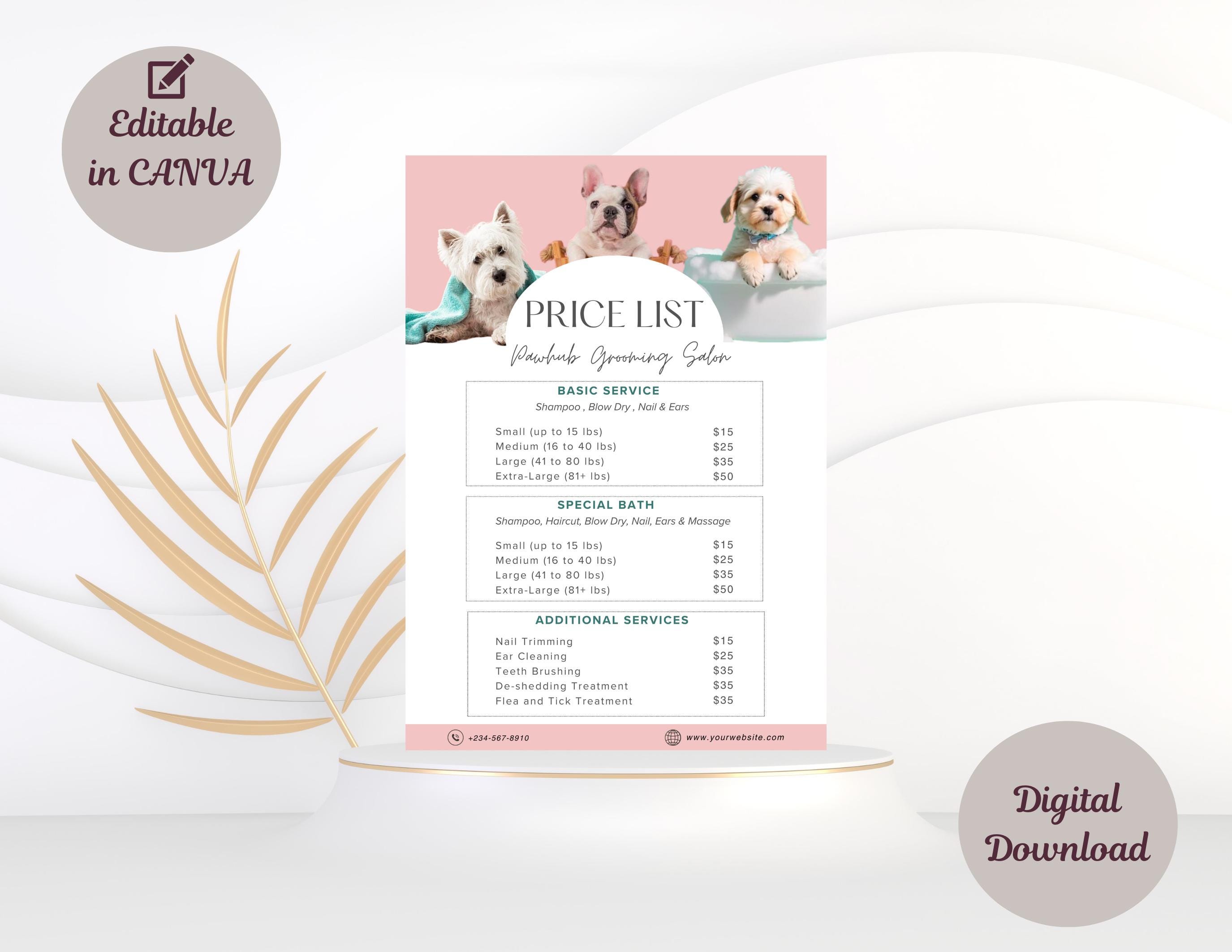 Pet Salon Grooming Price List Canva Template, Pet Groomer Editable ...