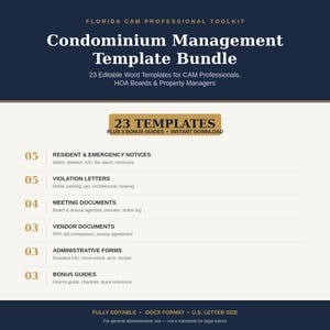 Puede incluir: Un paquete de documentos digitales titulado Florida CAM Professional Toolkit Condominium Management Template Bundle. Incluye 23 plantillas de Word editables y 3 guías adicionales para avisos a residentes, cartas de infracción y formularios administrativos.