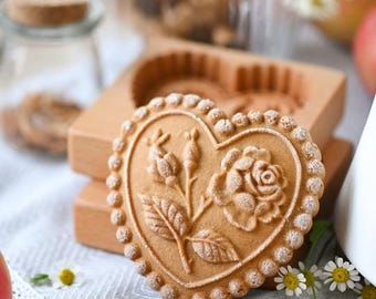 Heart Shaped Wooden Cookie Cutter. Heart and Rose Wooden Cookie Cutter. Gingerbread Cookie Stamp. Valentines&#39;s Day Cookies.