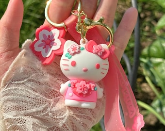 Kawaii Pink Cat Keychain, 3D Silicone Bag Charm, Pastel Accessory, Backpack Charm