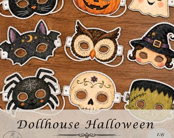 9 Dollhouse Vintage Halloween Masks, Trick or Treat Dress Up Costume, Retro Printable Miniature 1:6 1/12 (Digital PNG Downloads)