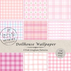 Puppenhaus-Tapeten-Set mit 9 Tapeten, rosa-kariertes Vichy-Muster, druckbares Maileg-Miniaturdesign, Vintage Shabby Chic (digitaler PNG-Download)