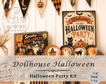 Kit de fête d'Halloween pour maison de poupée, décorations de maison hantée, jeu effrayant de récolte de bonbons, miniatures imprimables à 2 échelles (téléchargements numériques PNG)