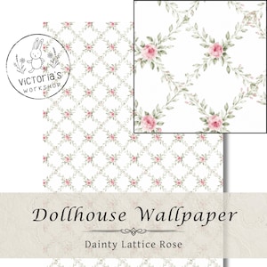 Papel pintado para casa de muñecas, delicado enrejado de rosas, diseño imprimible en miniatura Maileg, estilo rústico shabby chic floral vintage (descarga digital PNG)