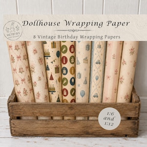 8 Vintage Birthday Dollhouse Wrapping Paper, Miniature Retro Gift Wrap Rolls, 8 Sheets Celebration Present Wrap (Digital PNG Download)