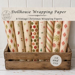 May include: Eight rolls of miniature dollhouse wrapping paper with vintage Christmas patterns, including diamonds, stockings, stars, polka dots, gingerbread men, candy canes, stripes, and peppermint swirls, displayed in a wooden crate.