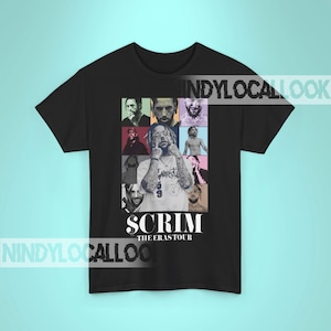 May include: Black t-shirt with a colorful collage of photos of a rapper. The text "SCRIM THE ERAS TOUR" is printed below the collage.