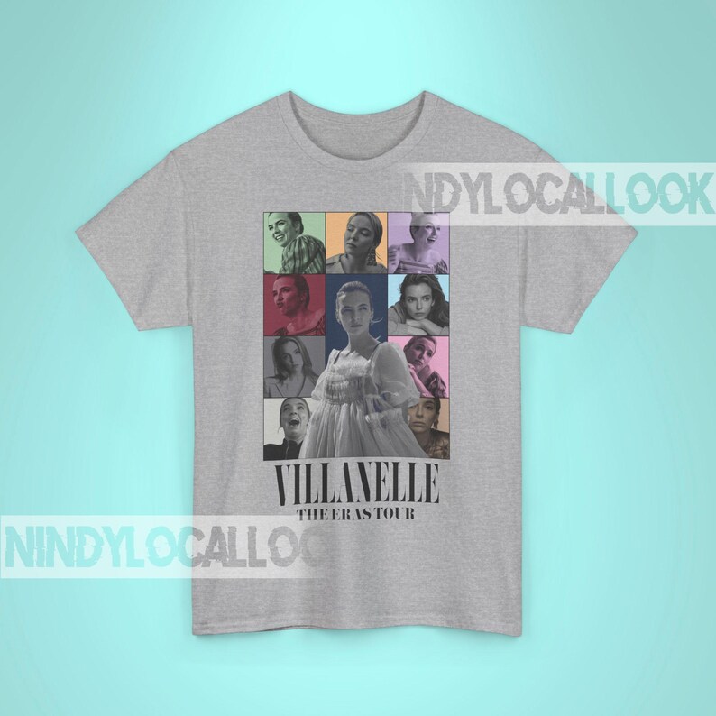 May include: Gray t-shirt with a collage of images of a woman in different poses. The text "Villanelle The Eras Tour" is printed below the collage.