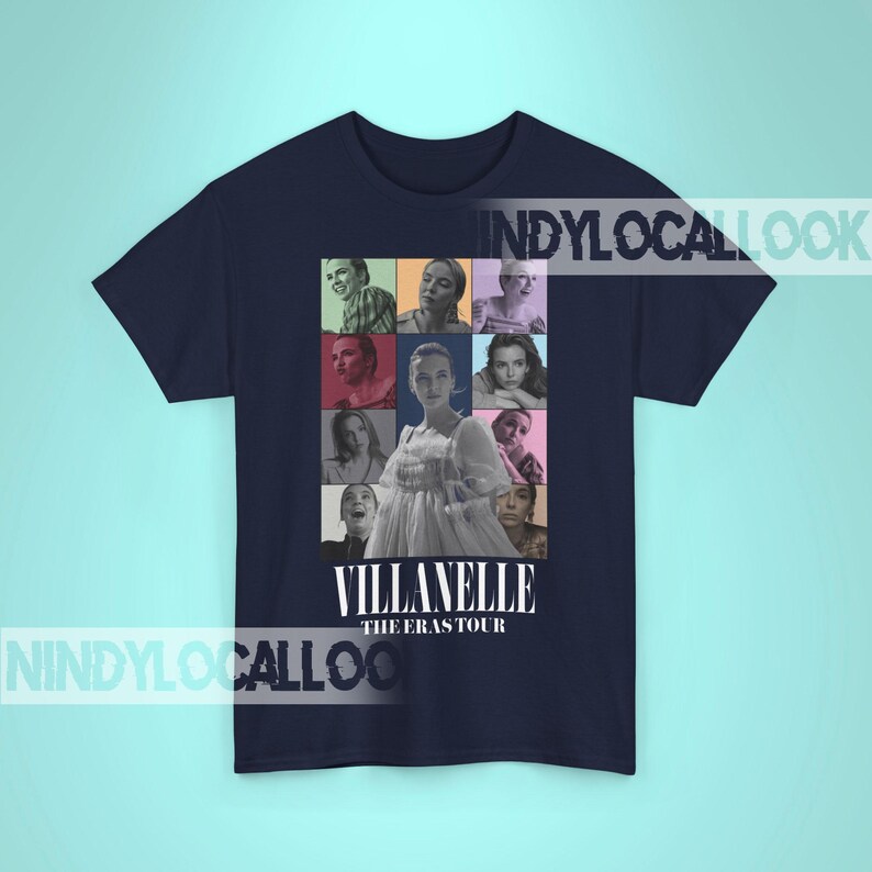 May include: A navy blue t-shirt with a collage of images of a woman in different poses. The text "Villanelle The Eras Tour" is printed below the collage.