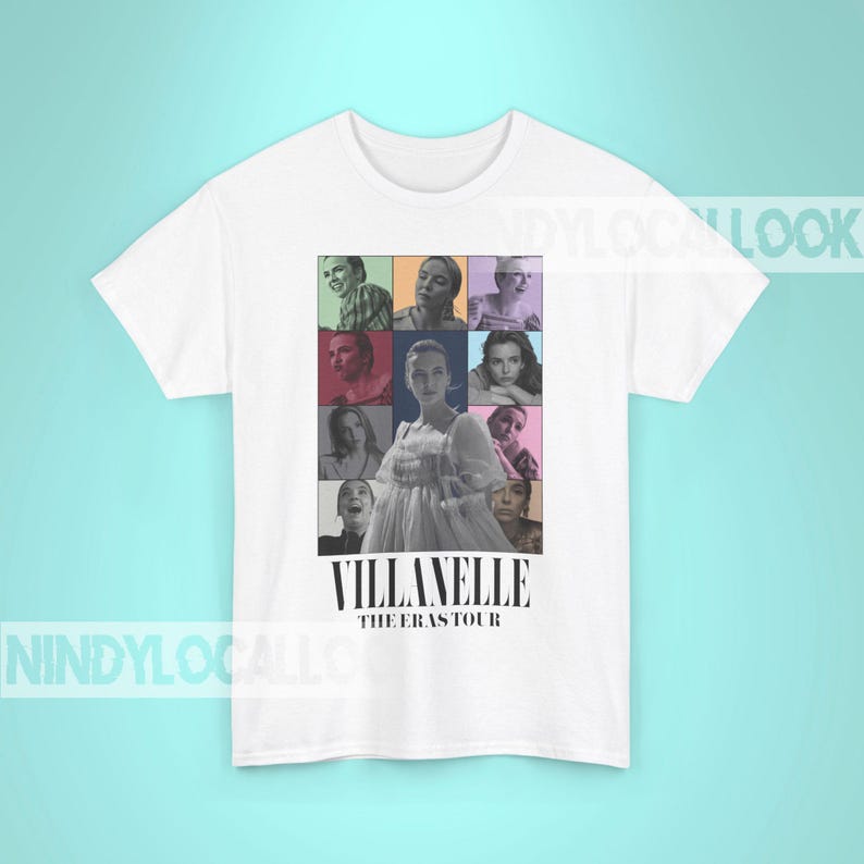 May include: White t-shirt with a collage of images of a woman in a white dress and other people. The text "Villanelle The Eras Tour" is printed below the collage.