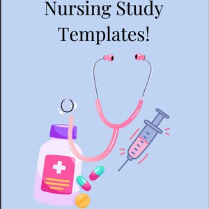 May include: Pre-Med and Pre-Nursing Study Templates! Illustration of a pink stethoscope, a syringe, a bottle of pills with a plus sign, and two pills.