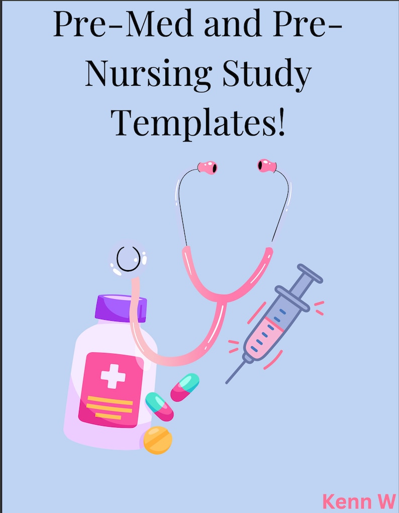 May include: Pre-Med and Pre-Nursing Study Templates! Illustration of a pink stethoscope, a syringe, a bottle of pills with a plus sign, and two pills.