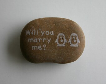 Will you marry me Penguins Etched Stone River Rock Worry Stone Wedding Proposal Gift