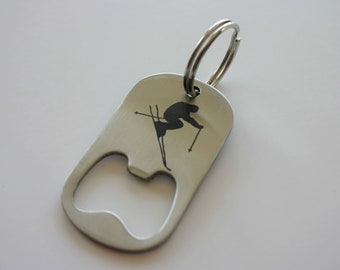 Skier Keychain Bottle Opener Stainless Steel Engraved Skiing Gift