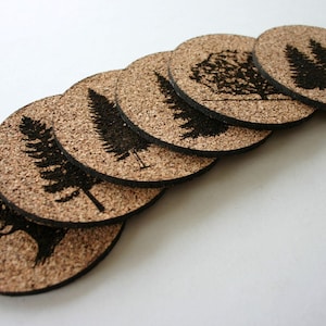 Trees Cork Coasters Set of 6 Woodland Etched Cork Coasters